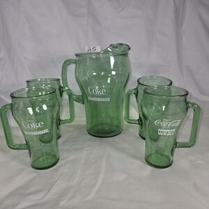 VTG Whataburger, Coca Cola Green Glass Pitcher and Mug Set